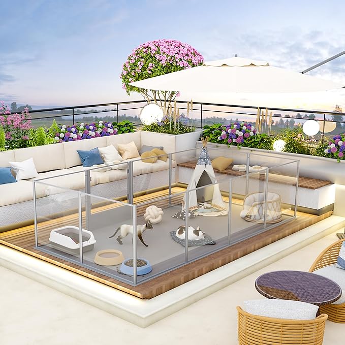 Dog Clear Playpen Fence Kennel: 10Panels Indoor Transparent Whelping Box Pen Cage with Waterproof whelping pad - Extra Long Acrylic Exercise Kennel with Metal Frame for Cats Puppy Rabbits Guinea Pig-PawvioPets