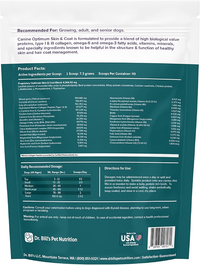 Dr. Bill's Canine Optimum Skin & Coat – Reduces Shedding, Itching, Dry Skin – Allergy Relief for Healthy Fur - Omega 3, Collagen, Biotin & Hyaluronic Acid – 680g Vet-Recommended Dog Supplement-PawvioPets