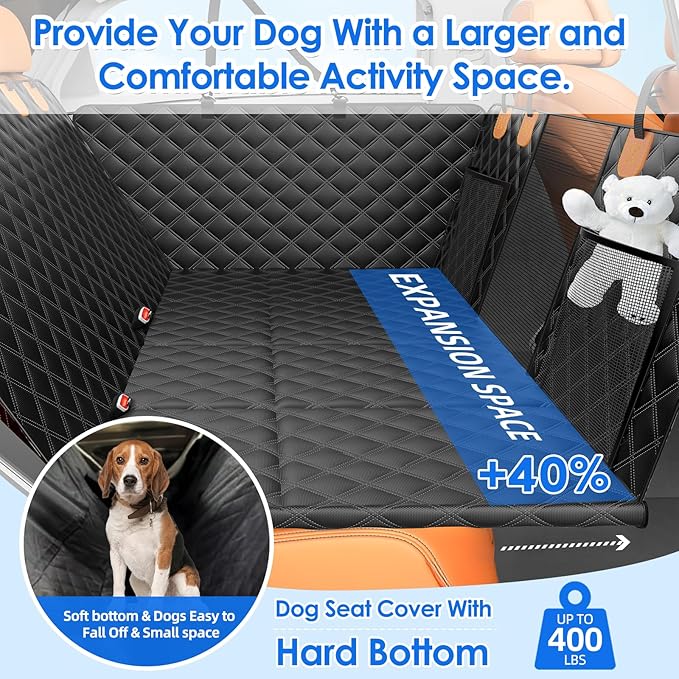 Back Seat Extender for Dogs with Hard Bottom/Large Space, Waterproof Dog Car Seat Cover Holds 400lbs, Sturdy Nonslip Pet Backseat Hammock for Cars/SUV-PawvioPets