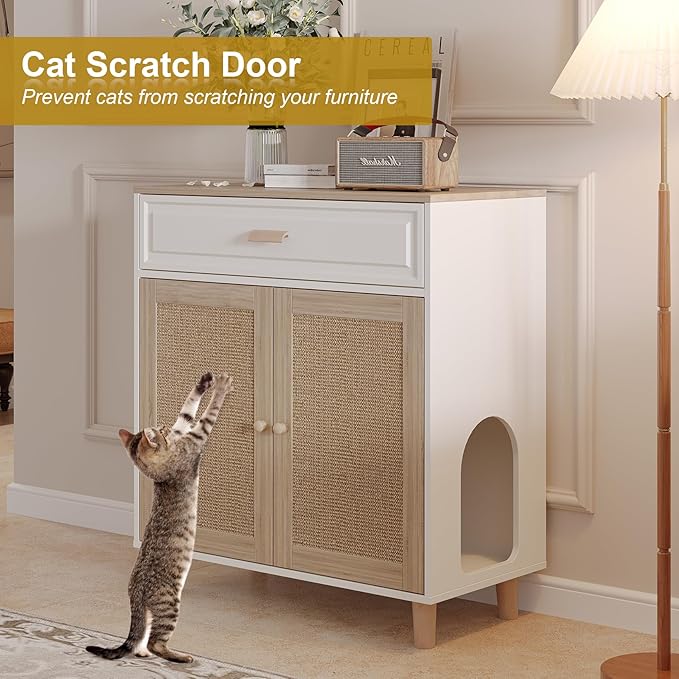 Cat Litter Box Enclosure Furniture Hidden Indoor 2-in-1 Wooden Cat House & Washroom Cabinet with Scratching Board Doors and Drawer, 31.5"x15.7"x34.6"H-PawvioPets