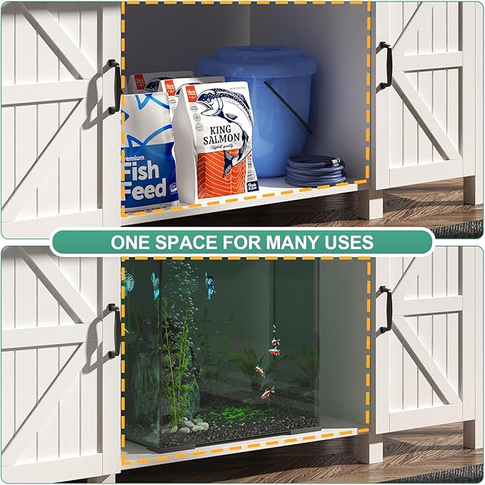 55-75 Gallon Aquarium Stand With Charging Station, Farmhouse Fish Tank Stand, Reptile Tank Stand Terrarium Stand with Drawer and Cabinet Storage, Sturdy Heavy Duty 53.5"×19.7" Tabletop - White-PawvioPets