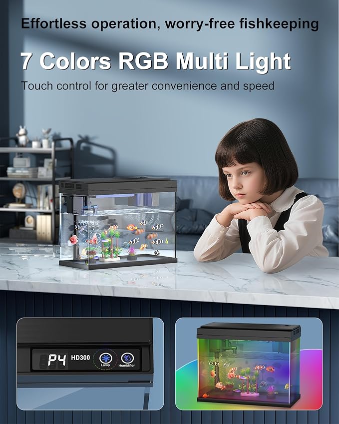 Fish Tank Aquarium Kit, 2.38 Gallon Beta Fish Aquariums, UHD Glass,Temperature Sensing, 7-Color Lighting Small Fish Tank for Kids/Desktop Decor-PawvioPets