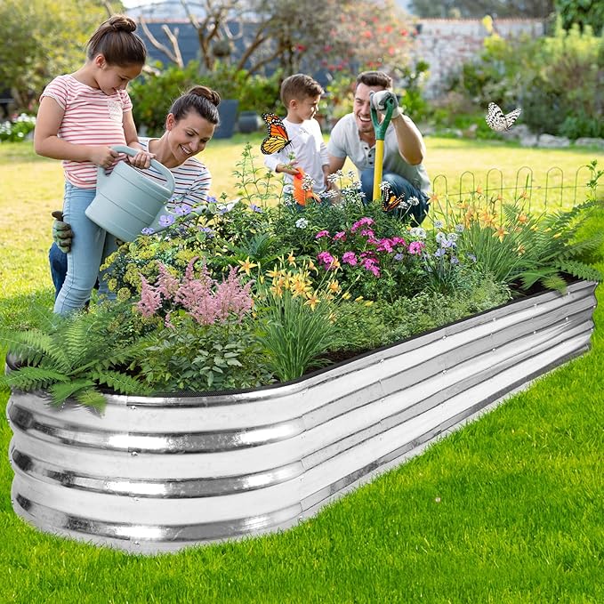 Galvanized Raised Garden Bed - 8×2×1ft Planter Raised Beds for Gardening | Oval Metal Garden Planter Box with Safety Edging and Bracing Rods for Vegetables Fruits and Flowers - Silver-PawvioPets