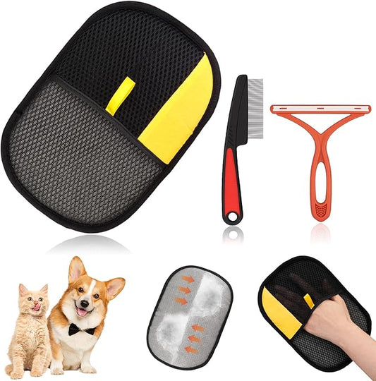 3 Pcs Pet Hair Removal Glove Set, Reusable Electrostatic Pet Hair Remover with Hair Remover Brush and Pet Comb, Upgrade Efficient Cats&Dogs Grooming Gloves for Clothes Furniture Carpet Seat-PawvioPets