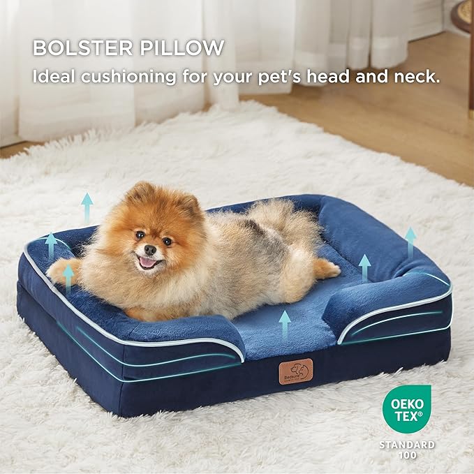 Bedsure Orthopedic Dog Beds for Small Dogs - Washable Small Dog Cat Bed Waterproof, Comfort Pet Couch Sofa with Washable Removable Cover, Pets Bed with Nonskid Bottom, Blue Navy, 24"-PawvioPets