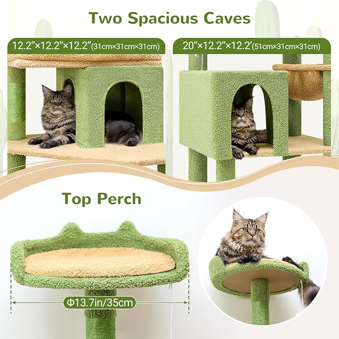 Globlazer Heavy Duty Cactus Cat Tree for Large Cats, Sturdy 72in Maine Coon Cat Tree for Large Cats 20 lbs+ Cactus Cat Tower for Adult Biggest Cats with 6 Scratching Posts, Hammock, S72, Green-PawvioPets