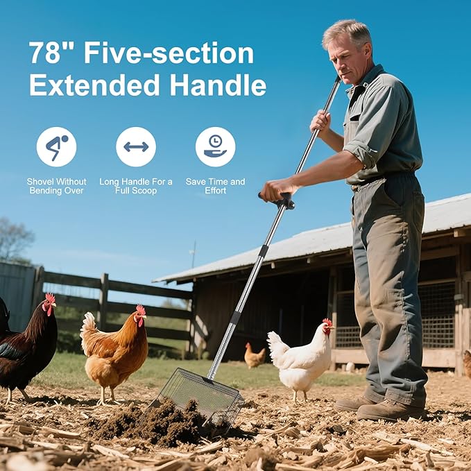 15" Widely Chicken Coop Poop Scooper- Ergonomic Chicken Poop Scooper with 38" to 77" Adjustable Long Handle, Extra-Large Scoop for Sand and Litter, Easy-to-Clean, Multi-Scene Use for Poultry-PawvioPets