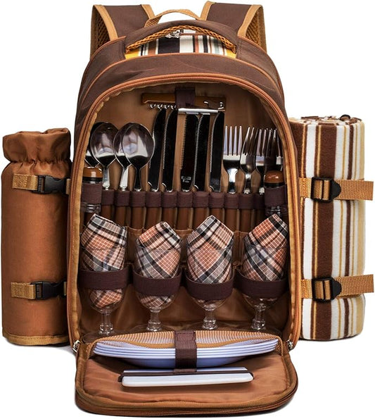 Apollo Walker Picnic Backpack Bag for 4 Person with Cooler Compartment,Wine Bag, Picnic Blanket(45"x53"),Best for Family and Lovers Gifts (Brown)-PawvioPets