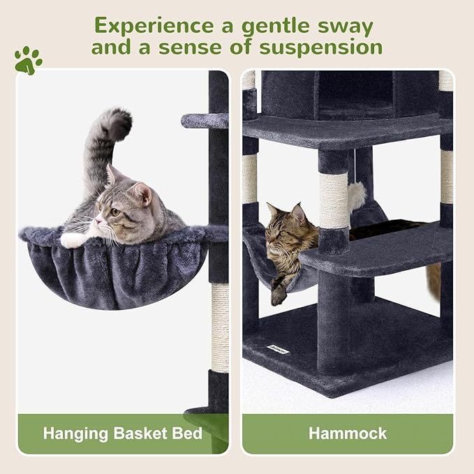 Globlazer Corner Cat Tree for Large Cats, 66inch Tall Curved Series Large Cat Tower for Multiple Indoor Cats with 6 Scratching Posts, 2 Spacious Cat Condos, Hammock, Hanging Basket, C66, Dark Grey-PawvioPets