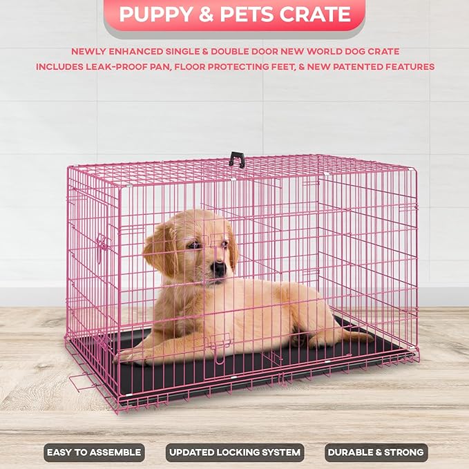 FDW Dog Crate for Small Dogs 24 Inch Folding Metal WirePet Cage Double Door W/Divider Panel Indoor Outdoor Kennel Leak-Proof Plastic Tray,Pink-PawvioPets