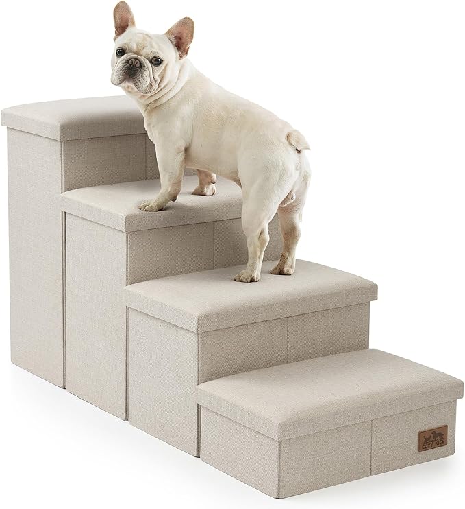 Dog Stairs with Storage, 4-Step Wider Sturdy Dog Steps for Small/Medium/Large Dogs and Older Cats, Folding Doggie Ramp for Bed/Couch/Car Hold Up to 180 lbs (22" H, Beige)-PawvioPets
