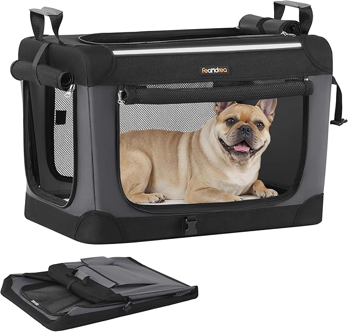 Feandrea Collapsible Dog Crate, 24-Inch Portable Dog Travel Crate for Small Dogs, Oxford Fabric Pet Carrier with 4 Mesh Doors, Handles, Storage Pocket, Water Bottle Holder, Ink Black UPDC016B01-PawvioPets