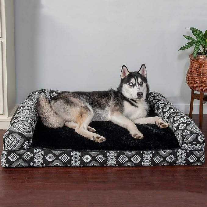 Furhaven Orthopedic Dog Bed for Large Dogs w/ Removable Bolsters & Washable Cover, For Dogs Up to 95 lbs - Plush & Southwest Kilim Woven Decor Sofa - Black Medallion, Jumbo/XL-PawvioPets