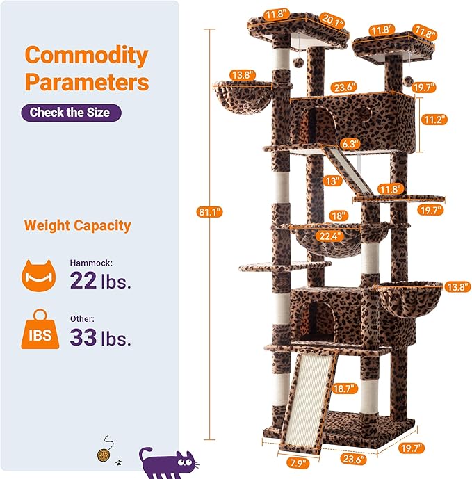 Allewie 81 Inches Tall Cat Tree/Multi-Level Large Climbing Tree House and Towers for Big Feline/Condo and Hammock/Scratching Post/Wide Base/Leopard Print-PawvioPets