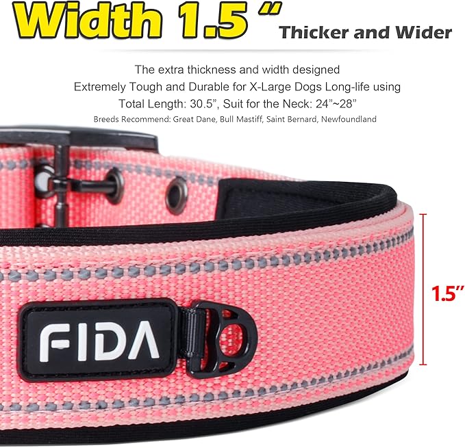 Fida Heavy Duty Dog Collar 1.5” Width, Ultra Soft Neoprene Padded, Adjustable Reflective Nylon Pet Collar with Two Metal Pin Belt Buckle for Large/X-Large Breeds (XL, Pink)-PawvioPets