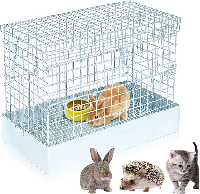 Folding Rabbit Cage, 18 x 10 x 14 in Portable Bunny Carrier with Tray and Handles for Transport, Travel or Temporary Housing, Indoor Outdoor Pet Habitat Animal Enclosure-PawvioPets