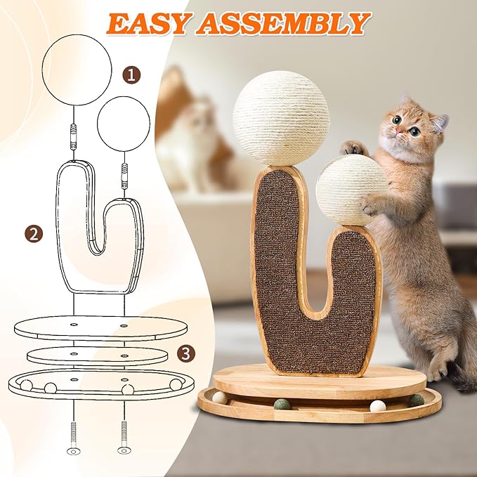 Cactus-Shaped Cat Scratching Post with Cat Scratcher, Interactive Toy Balls, Handmade with Natural Materials, Cute Cat Scratching Post, Easy-to-Clean Cat Furniture-PawvioPets