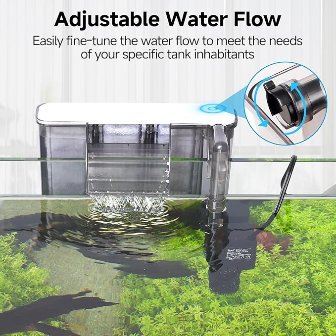 AQQA Quiet 20-30 Gallon Fish Tank Filters - Auto Start Hang on Back Aquarium Filter, 6W/ 8W Adjustable Flow, Deodorization Decontamination Filter System AQ168 (6W 158GPH)-PawvioPets