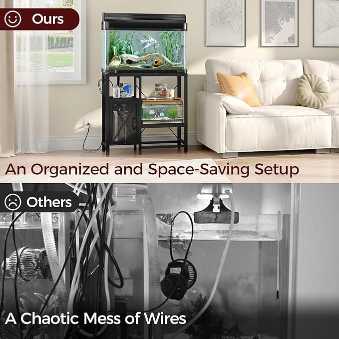 20-37 Gallon Fish Tank Stand, Aquarium Stand with Power Outlet and Storage Cabinet, Heavy Duty Tank Stand Suitable for Turtle Tank, Reptile Terrarium, for Home Office, Black FTHB40E01-PawvioPets