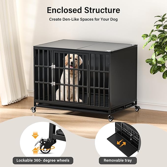 42 inch Heavy Duty Dog Crate with Self-Locking Latch, Indestructible Steel Large Kennel with Enclosed Design, Chew-Proof and Escape-Proof Pet Cage for High Anxiety Dogs-PawvioPets