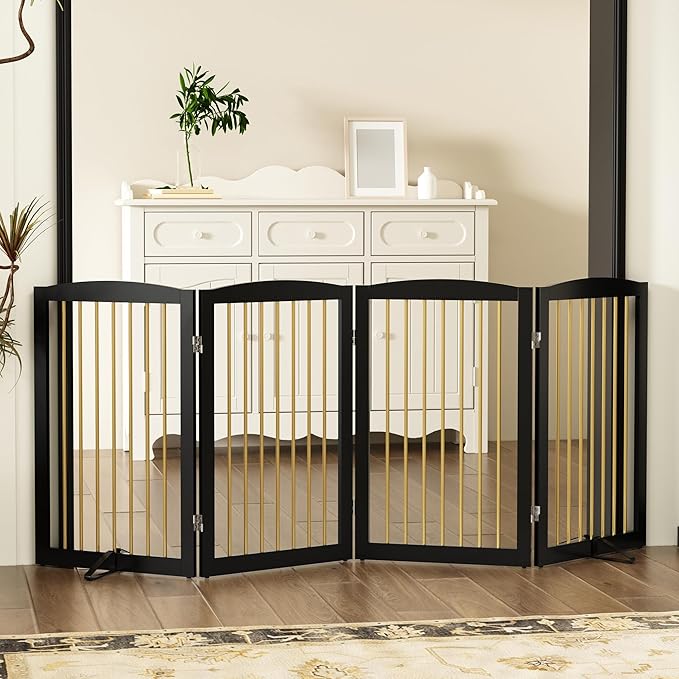 Freestanding Pet Gate for Dogs, Indoor Wooden Dog Gate for House, Foldable Dog Gate for Doorway, Stair, Step Over Pet Puppy Safety Fence Tall, 80 Inch Wide, 4 Panels 32", Black & Gold-PawvioPets