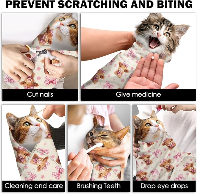 27.6" Cat Grooming Wrap, Self Adhesive Cat Wrap for Cutting Nails, Anti-Escape Calming Cat Swaddle Wrap for Medicine Ear Cleaning, Cow Anti-Scratch Cats Burrito Restraint Blanket, Practical Pet Tool-PawvioPets