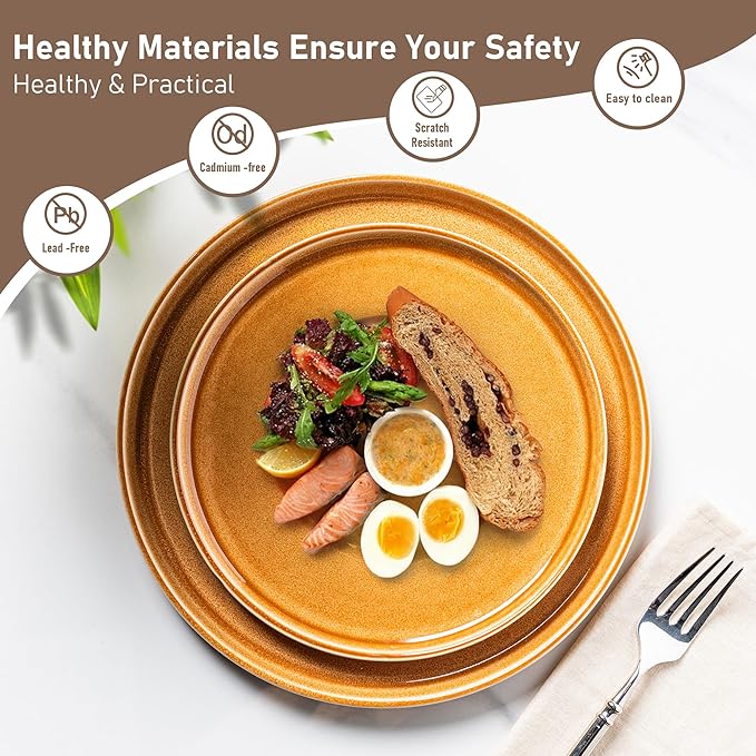 GBHOME Ceramic Dinnerware Sets for 4, 12 Pieces Stoneware Plates and Bowls Sets, Scratch Resistant Dishes, Dishwasher & Microwave Safe, Reactive Glaze-Amber-PawvioPets