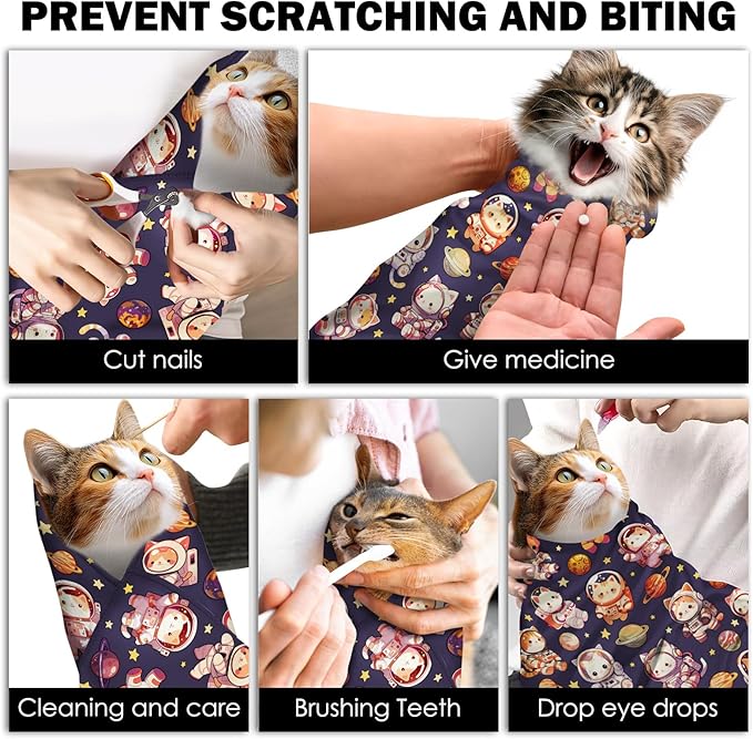 27.6" Cat Grooming Wrap, Self Adhesive Cat Wrap for Cutting Nails, Anti-Escape Calming Cat Swaddle Wrap for Medicine Ear Cleaning, Anti-Scratch Cats Burrito Restraint Blanket, Practical Pet Tool-PawvioPets
