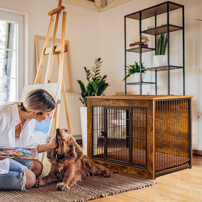 Bigrab Dog Crate Furniture with Thick Cushion, Side End Table Wooden Dog Cage with Double Doors, Chew-Resistant Dog Kennel Dog House Indoor for Small to Large Dog, M-PawvioPets