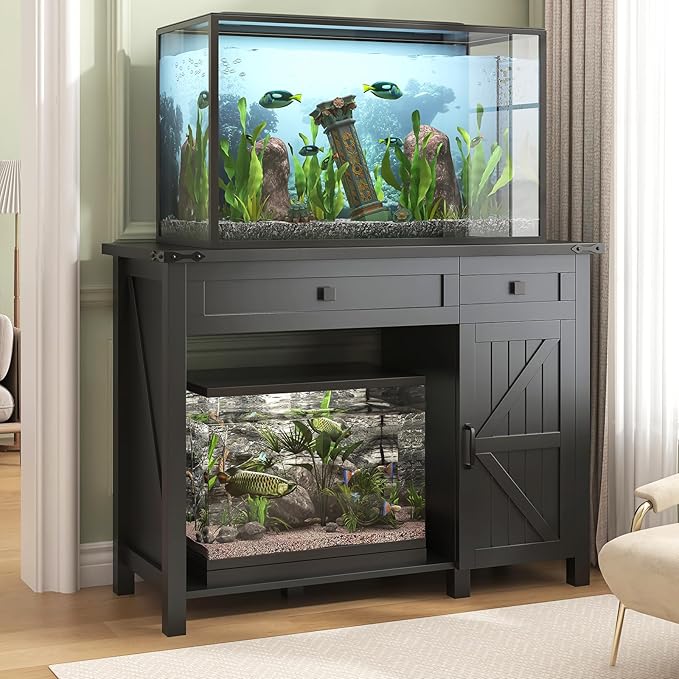 40 Gallon Aquarium Stand With Charging Station, Farmhouse Fish Tank Stand, Reptile Tank Stand Terrarium Stand with Drawer and Cabinet Storage, Sturdy Heavy Duty 41.9"×18.3" Tabletop - Black-PawvioPets