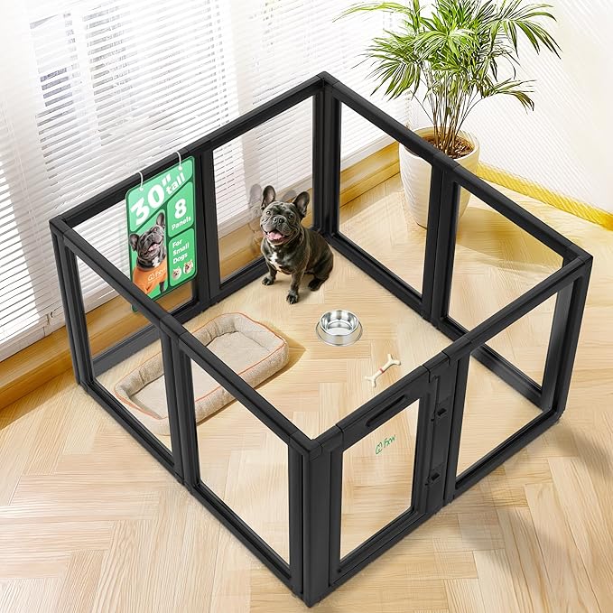FXW AuraSpace Acrylic Indoor Unleashed Dog Playpen for Small and Medium Dogs, 30 Inch, 8 Panels, Black-PawvioPets