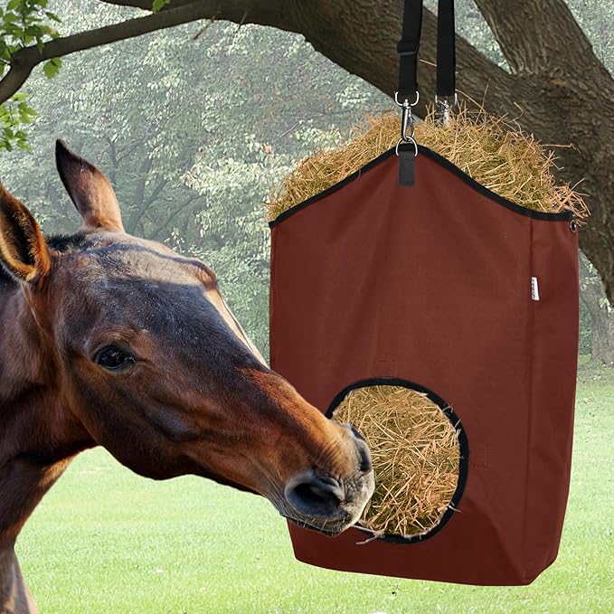 3 Packs Goat Hay Feeder,Hay Bags for Goats,Horses,Sheep,Premium 600D Oxford Cloth,with Metal Fastener and Adjustable Open Feed Hole for Slow Feeding. (2Brown + 1Black)-PawvioPets