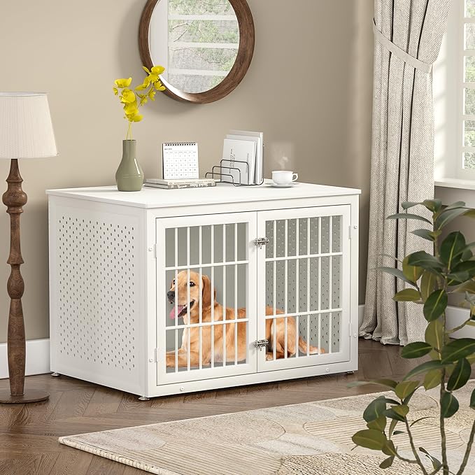 42" Heavy Duty Dog Crate Furniture for Large and Medium Dogs, Enclosed Design Wooden Metal Kennel, Wooden Cage Furniture Indoor, Decorative Dog Kennel End Table-PawvioPets