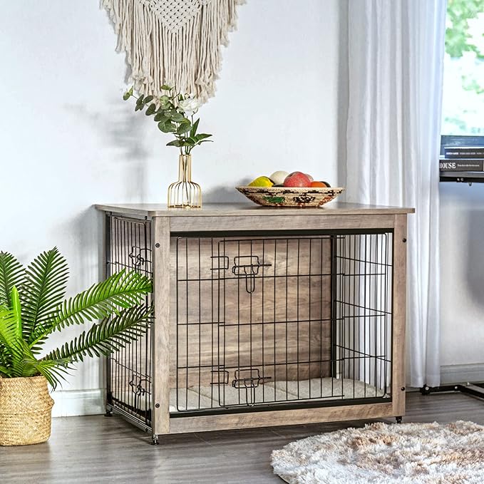 DWANTON Dog Crate Furniture with Cushion, Wooden Kennel Table with Double Doors, Indoor Dog House, Medium Size, 32.5" L, Greige-PawvioPets