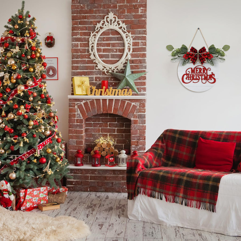 CHDITB Cute Merry Christmas Wooden Front Door Wreath(11.4”x11.4”), Farmhouse 3D Christmas Decor Hanging Sign with Red Plaid Bow Berries Mistletoe, Housewarming Gift for Xmas Winter Holiday New Year