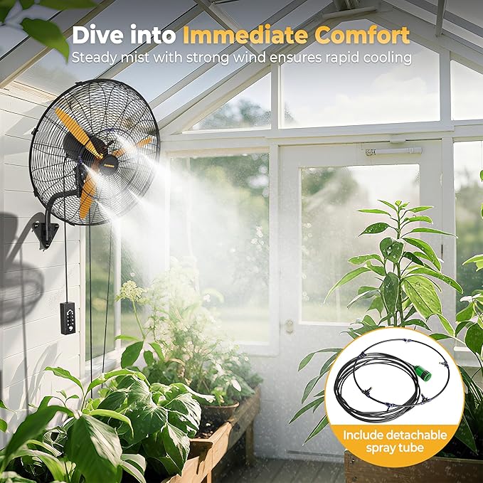 24 Inch Oscillating Misting Wall Mount Fan, Extra Long 3.9ft Wired Remote and 9.8ft Power Cord, IP44 Industrial Commercial Wall Mounted Fan for Greenhouse, Garage, Workshop, Covered Patio-PawvioPets