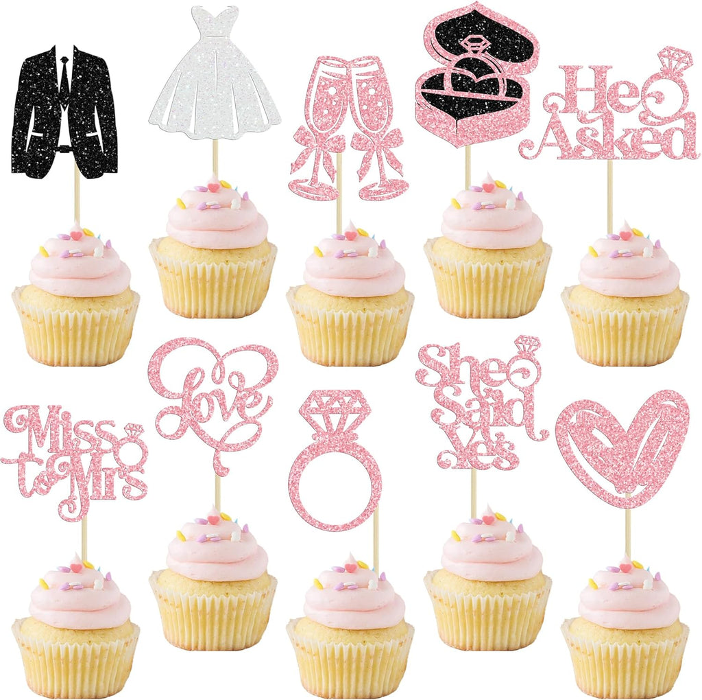 Gyufise 30Pcs She Said Yes Cupcake Toppers Glitter Diamond Ring I Do Love Cupcake Picks Miss to Mrs He Asked Bridal Shower Wedding Engagement Bachelorette Cake Decoration Pink