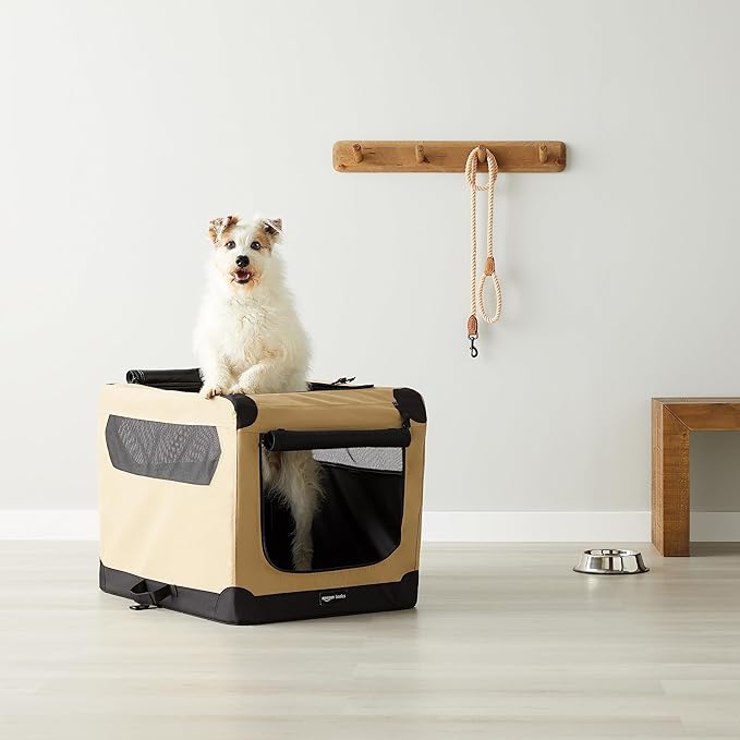 Amazon Basics 2-Door Portable Soft-Sided Folding Soft Dog Travel Crate Kennel, Medium (M 30" x 21" x 21"), Tan-PawvioPets