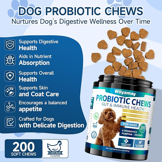 Dog Probiotic for Dogs, 200 Soft Treats Dog Probiotics for Digestive Health & Immune System, Probiotic Chews for Dogs, Support Gut Health|Itchy Skin|Diarrhea|Gas Relief Treatment-PawvioPets