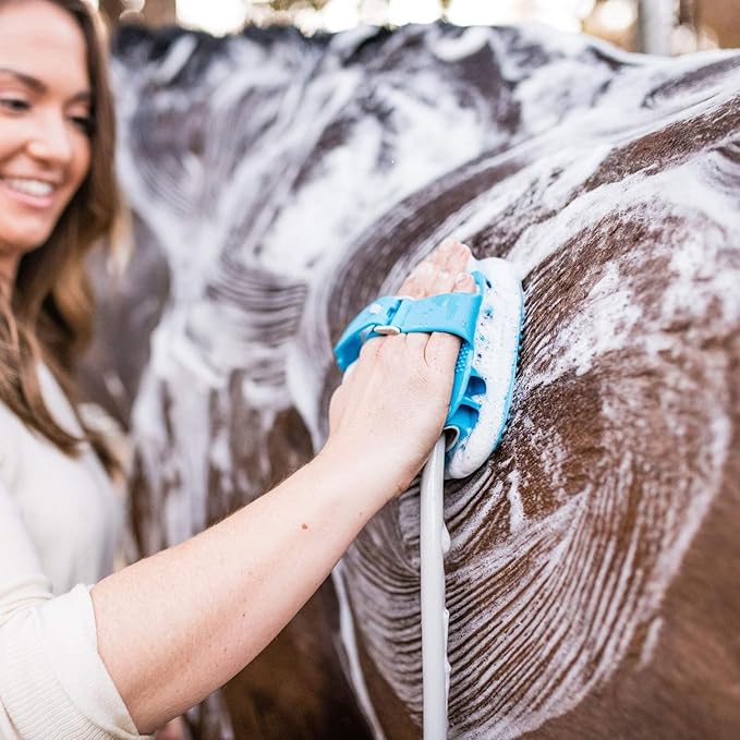 Aquapaw 5-in-1 Horse & Dog Bath Brush & Curry Comb - XL Blue Silicone - Includes 3-ft Shower Hose Attachment & Adapter - Adjustable Spray Scrub Massager - Dog Grooming Supplies-PawvioPets