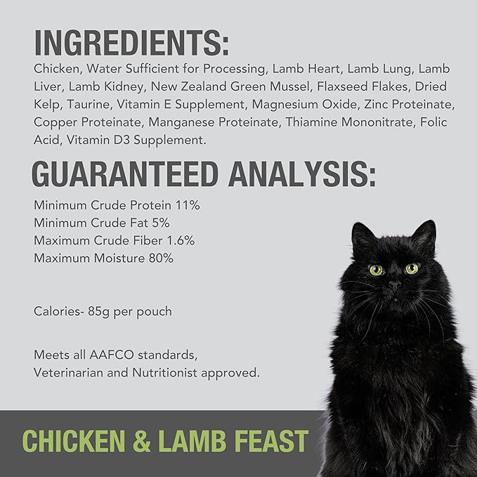 Feline Natural Wet Cat Food Pouch - Chicken & Lamb Feast, Grain-Free, Cage-Free & Grass-Fed, New Zealand Made, Single Serve Pate, 3oz, 12 Pack-PawvioPets