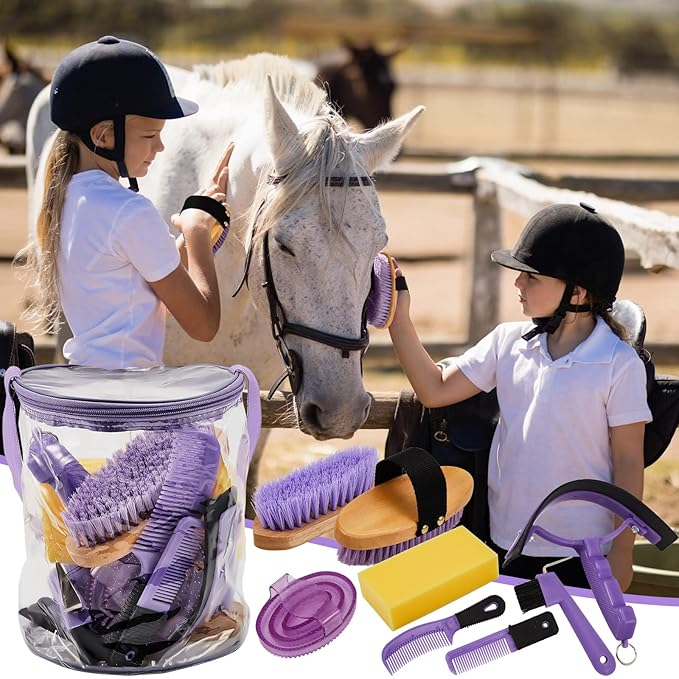 9 Pieces Horse Grooming Kit Tack Room Supplies Set with Organizer Tote Bag, Oval Massage Curry, Hard and Soft Brush, Hoof Pick, Sweat Scraper, Bathing Sponge, Combs for Horse Riders Beginners (Purple)-PawvioPets