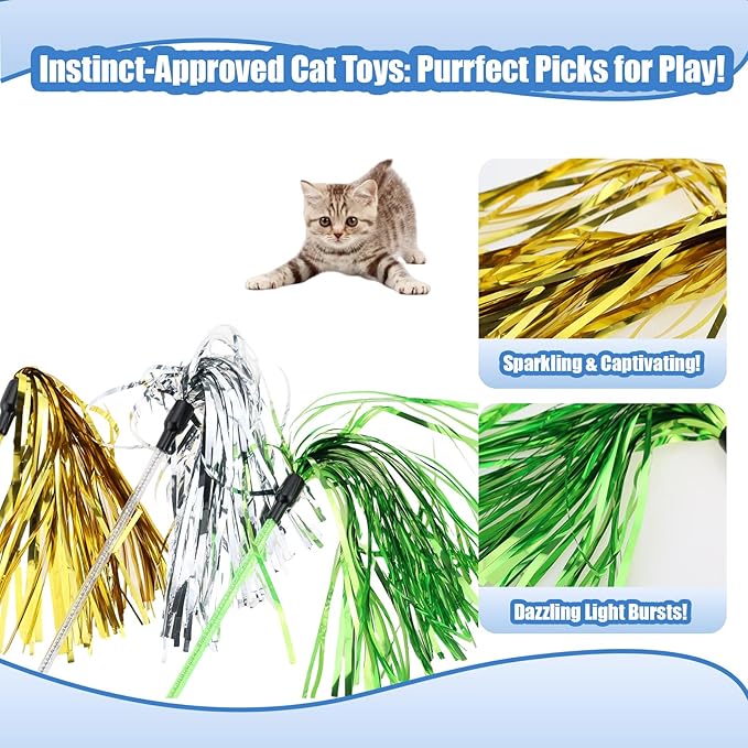 ADUCK Interactive Cat Teaser Wand Toy with Tassels - Durable Cat Chaser for Indoor Kitten Exercise, Boredom Relief & Training Play, Pack of 3 (Gold, Silver, Green)-PawvioPets