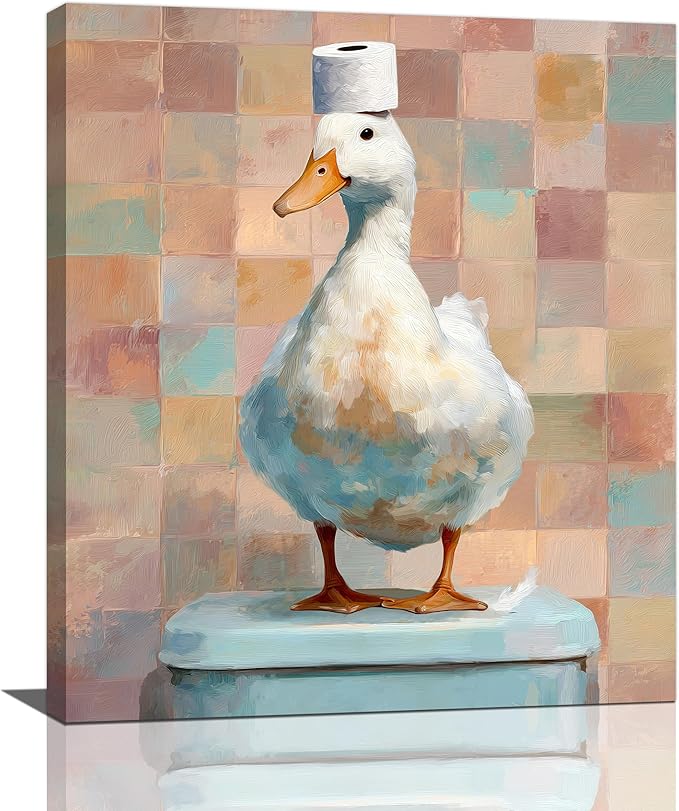 Funny Duck Bathroom Wall Art Cute Duck on Toilet Canvas Wall Decor Funny Quirky Farm Animal Pictures Painting Print Framed Artwork Decorations Gifts for Bathroom 20"x24"-PawvioPets