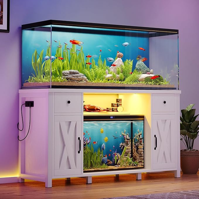 75 Gallon Fish Tank Stand with LED Light & Power Outlets, 55-75 Gallon Aquarium Stand with 2 Drawers & 2 Barn Doors, 52" L x 20" W Cabinet for 2 Fish Tank Accessories Storage, Turtle Tank, White-PawvioPets