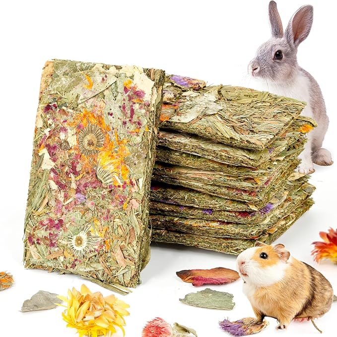 Abizoo Rabbit Natural Treats,10Pcs Timothy Hay Toys Chips Bunny chew Toys with Herbal Flowers Guinea Pig Treats for Hamster Chinchillas Gerbils Rats Small Animals Teeth Care Crisp Snacks-PawvioPets