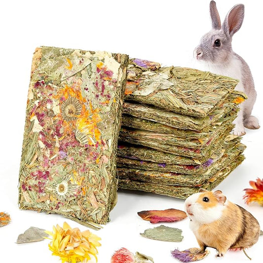 Abizoo Rabbit Natural Treats,10Pcs Timothy Hay Toys Chips Bunny chew Toys with Herbal Flowers Guinea Pig Treats for Hamster Chinchillas Gerbils Rats Small Animals Teeth Care Crisp Snacks-PawvioPets