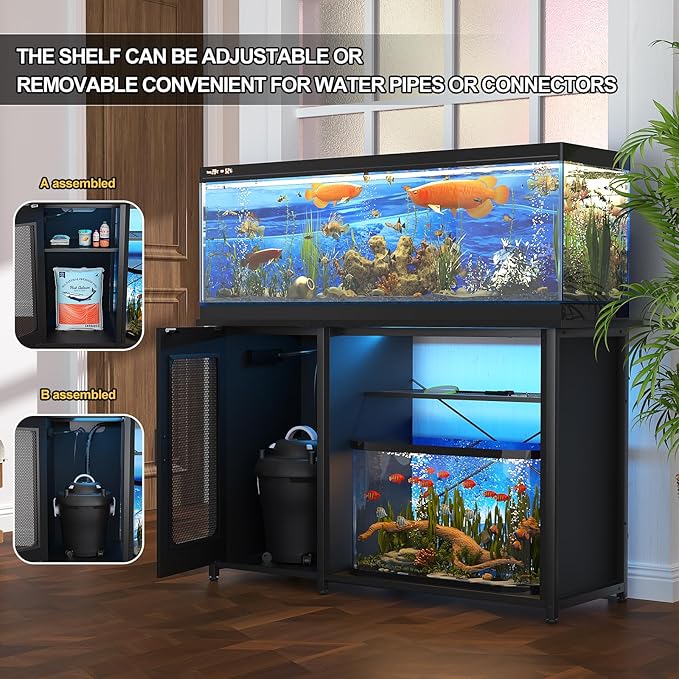 55-75 Gallon Fish Tank Stand with Power Outlets & LED Light, Reversible Heavy Duty Metal Aquarium Stand with Cabinet for Fish Tank Accessories Storage, Turtle/Reptile Terrariums, Black-PawvioPets