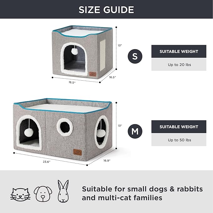 Bedsure Large Cat Beds for Indoor Cats - Extra Wide Cat Cube House for Small Pet with Fluffy Ball Hanging and Scratch Pad, Foldable Pet Cave Hideaway for Multiple Cats, 23.6x16.9x13 inches, Grey-PawvioPets