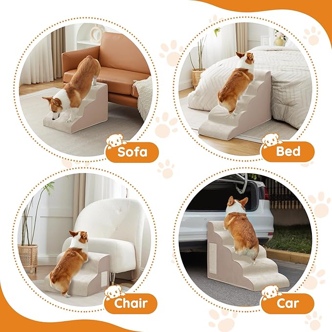 Dogs Steps for Bed, Dog Stairs for Small Dogs, 4-Step Dog Ramp for Bed, Couch, Sofa, and Chairs, Non-Slip Bottom Design, Cat Scratching, High Density Foam Portable Pet Step, Indoor, Beige-PawvioPets